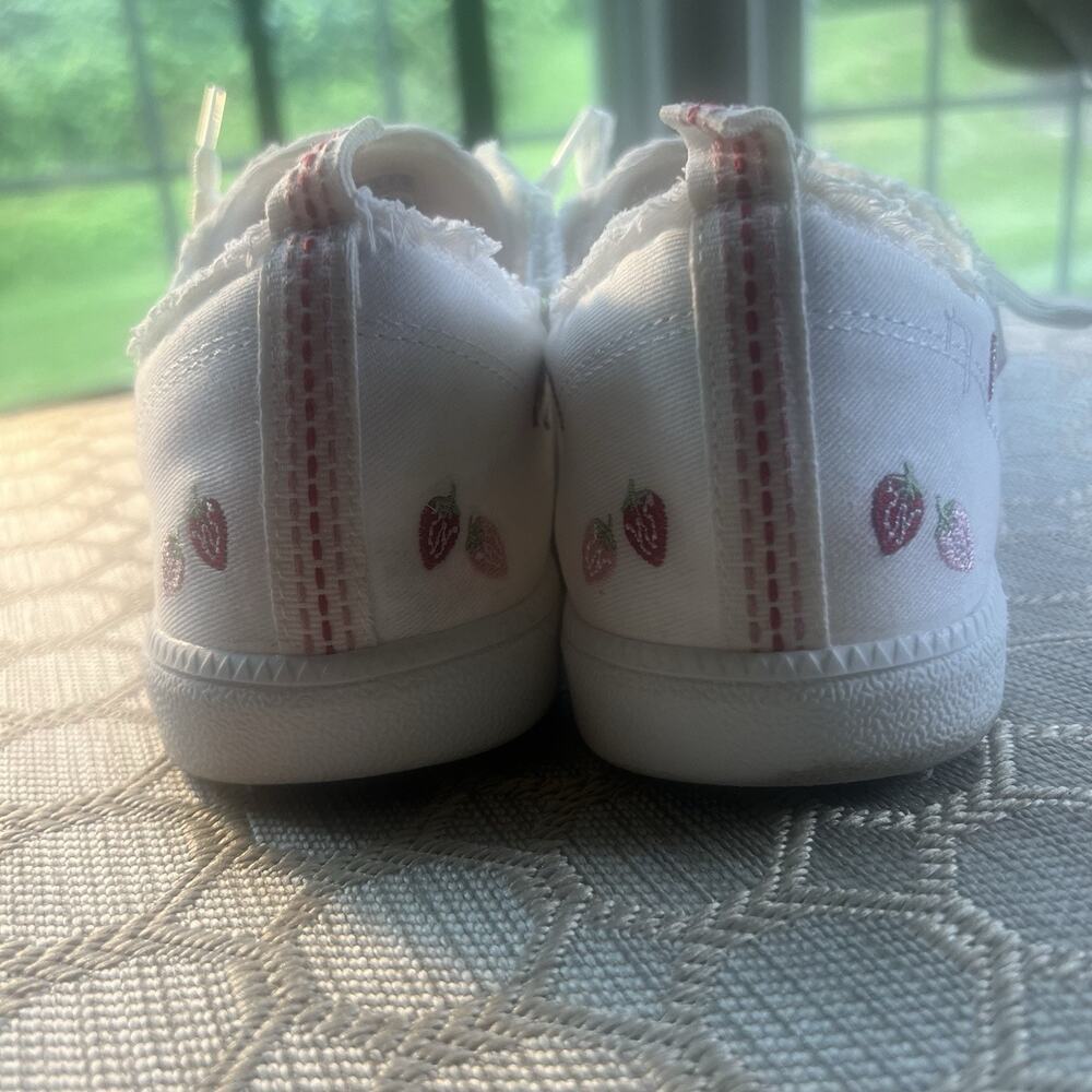 BOBS by Skechers White Strawberry Embroidered Distressed Canvas Sneakers 10 - Picture 3 of 9